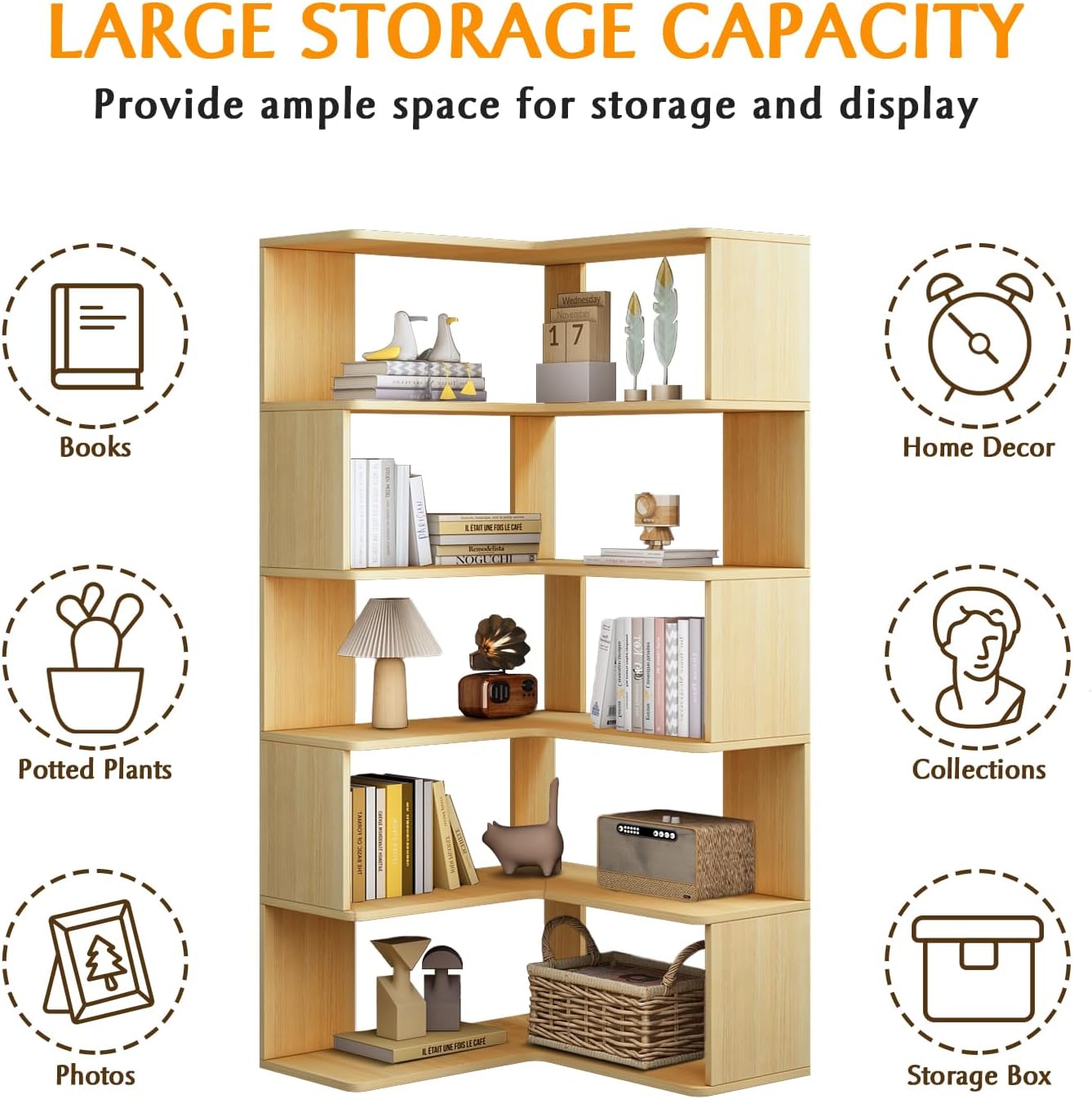 IOTXY 6-Tier L-Shaped Corner Bookshelf, Tall Bookcase, Oak